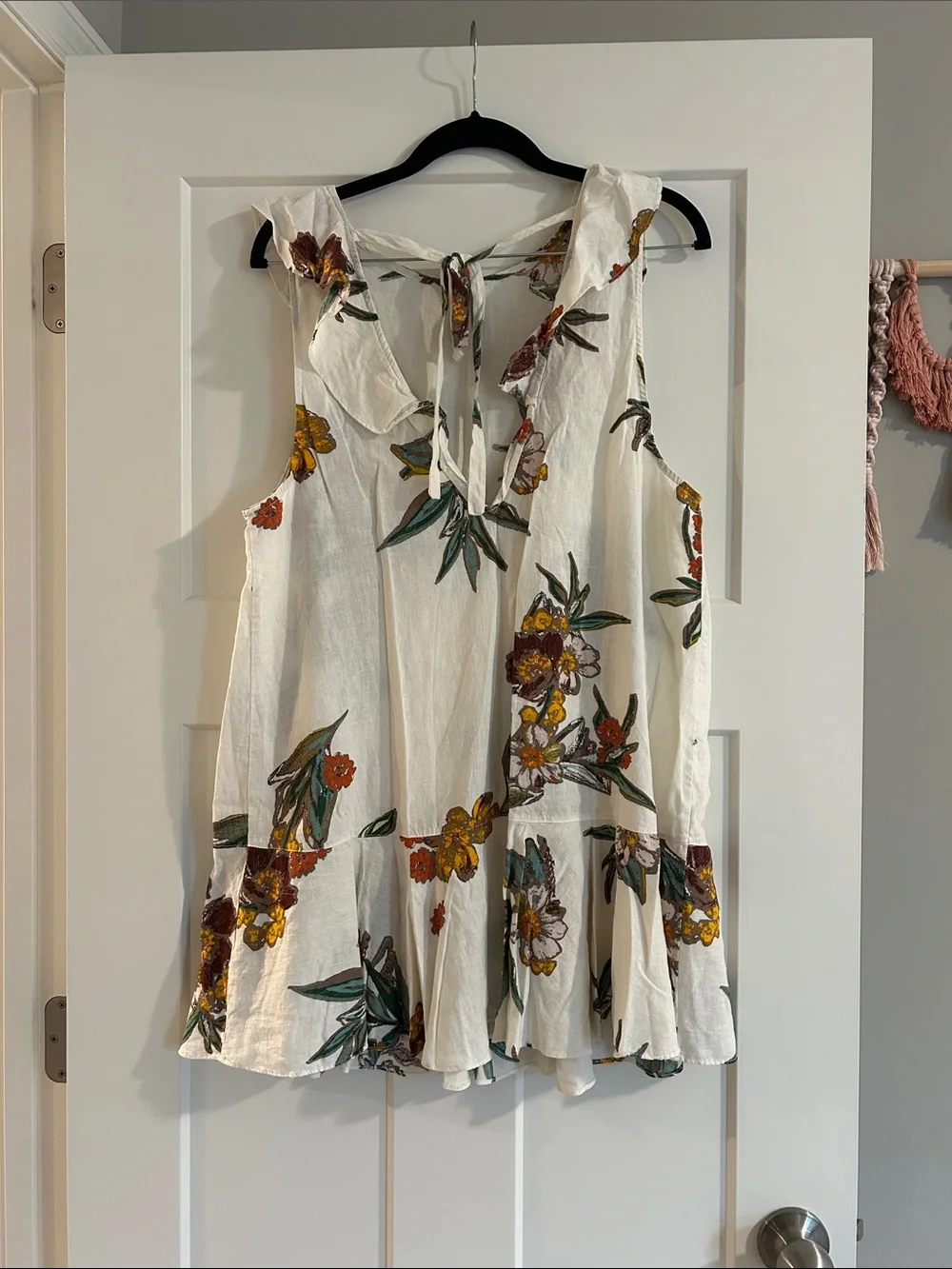 Free People White Floral Ruffle-Hem Sundress with Green & Yellow Accents